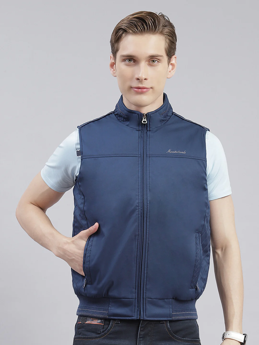 Men Blue Solid Stand Collar Sleeveless Jackets - Image 2
