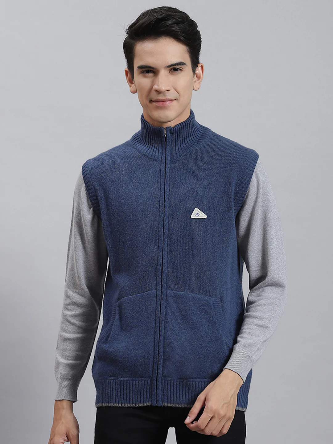 Men Blue Solid Stand Collar Sleeveless Sweaters/Pullovers - Image 2