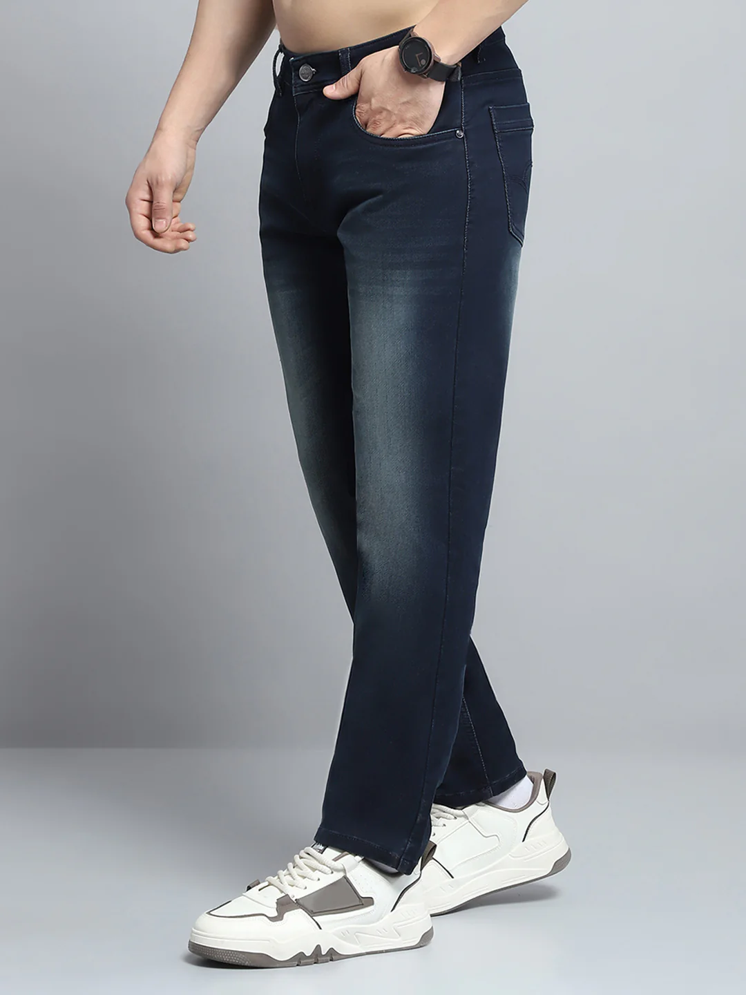 Men Blue Solid Straight Fit Denim - Image 3