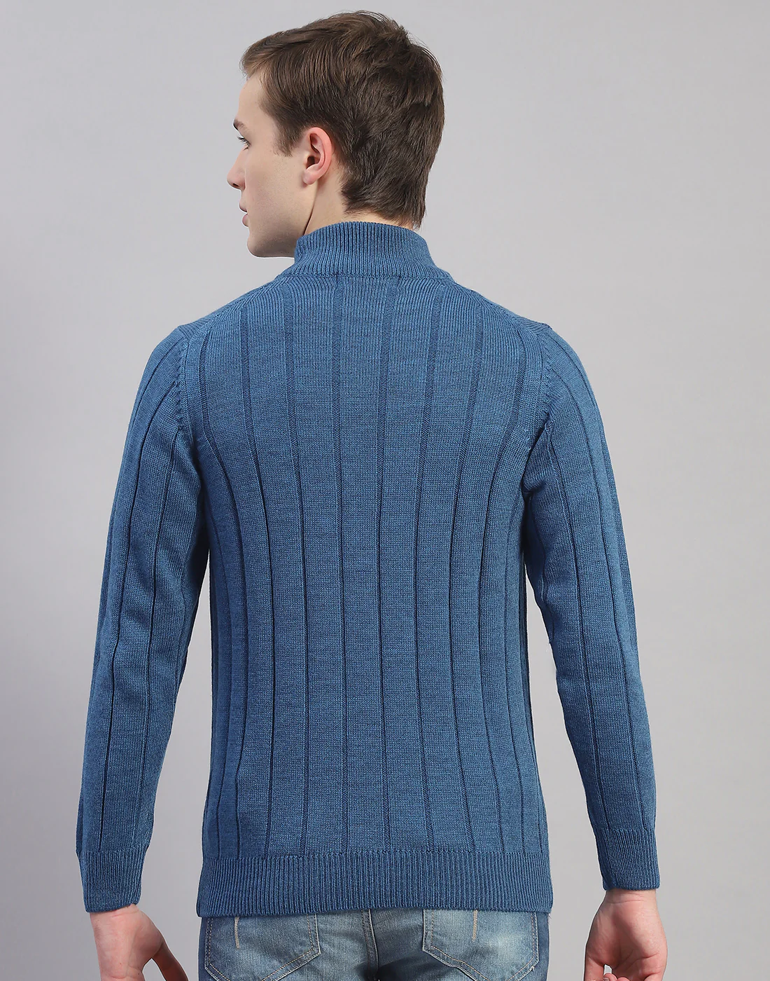 Men Blue Solid T Neck Full Sleeve Pullover - Image 5