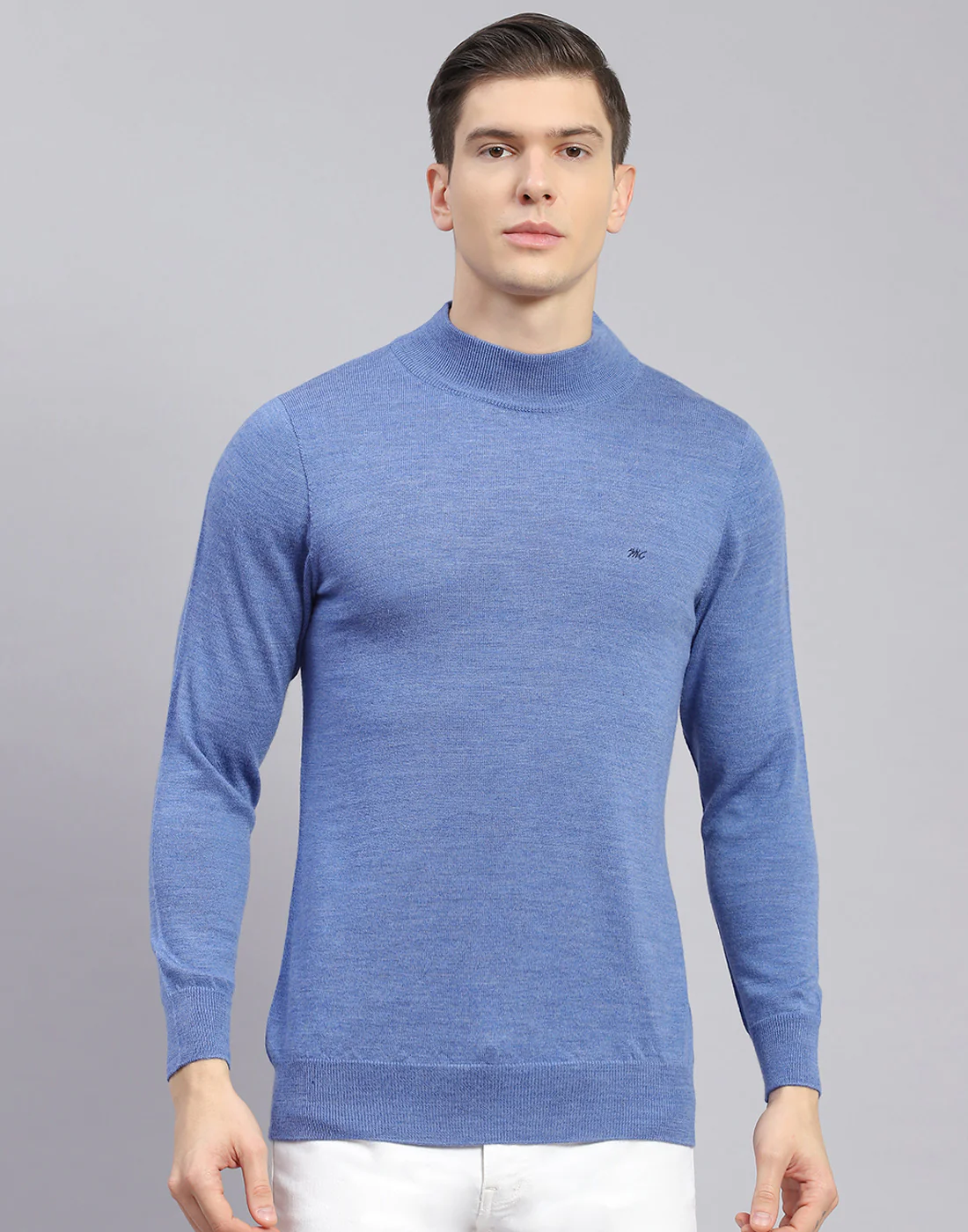 Men Blue Solid T Neck Full Sleeve Sweater - Image 3