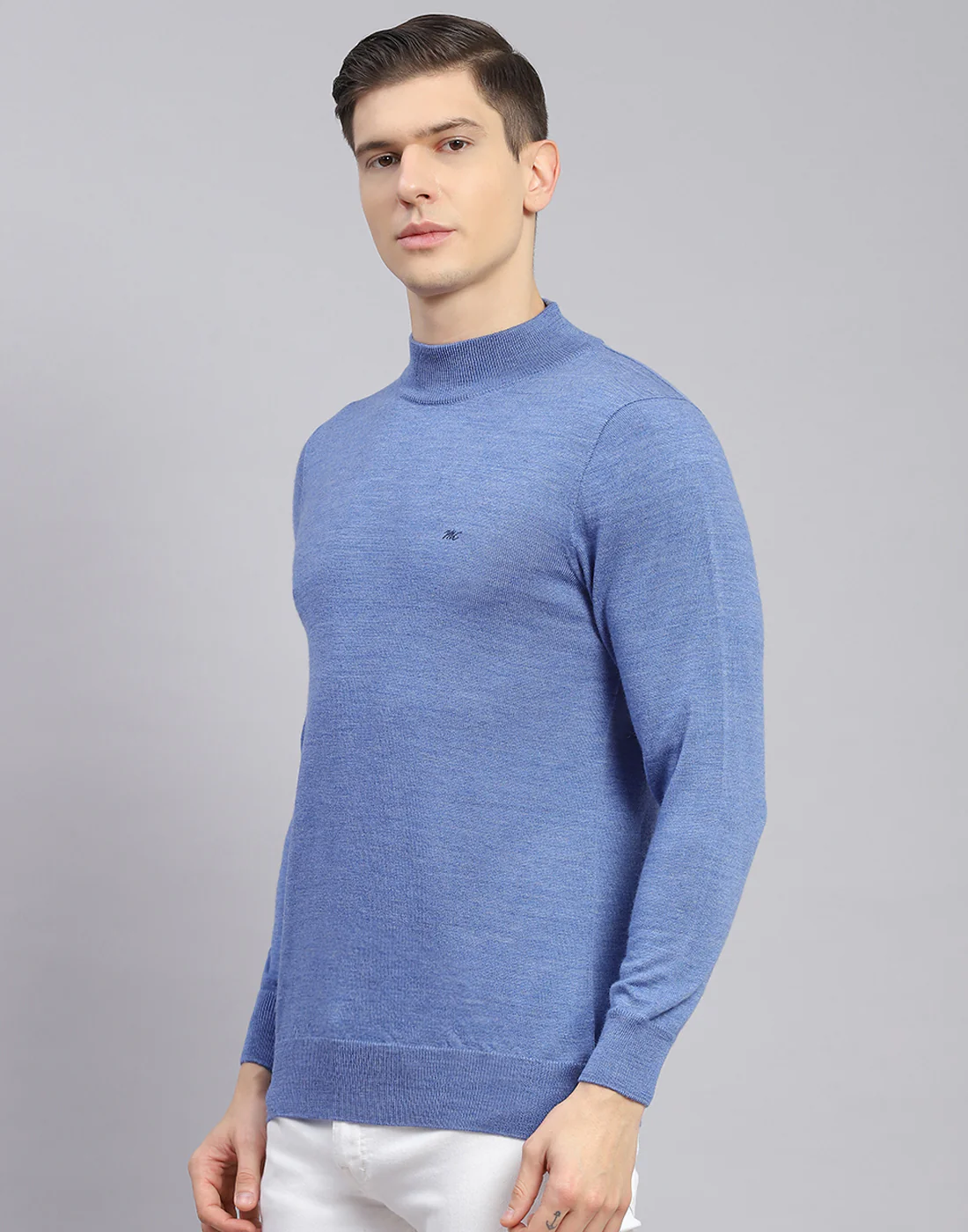 Men Blue Solid T Neck Full Sleeve Sweater - Image 4