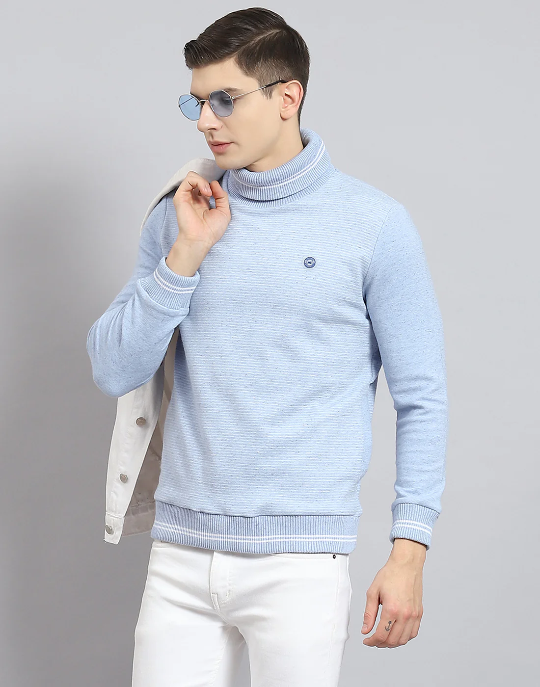 Men Blue Solid T Neck Full Sleeve Sweatshirt - Image 2