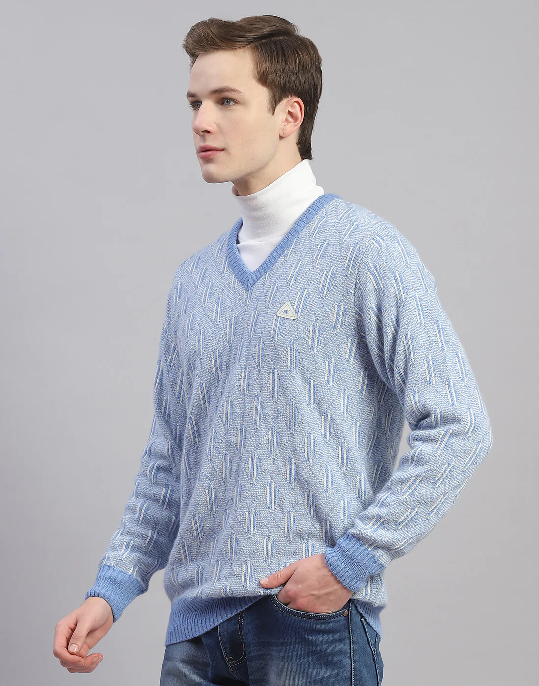 Men Blue Solid V Neck Full Sleeve Pullover - Image 3