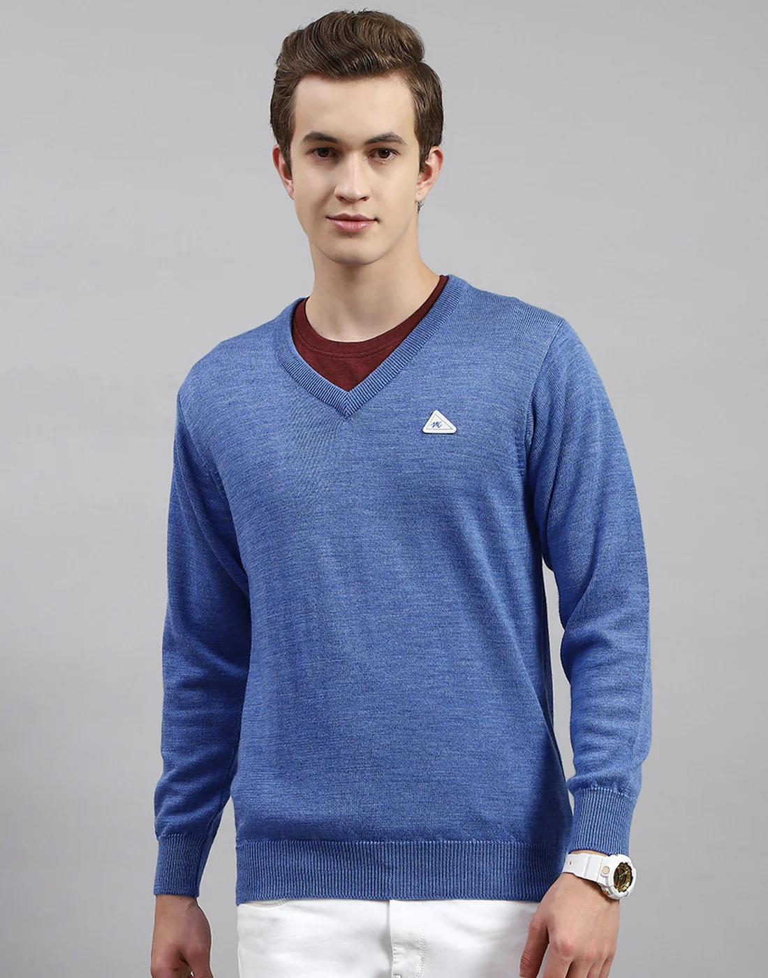 Men Blue Solid V Neck Full Sleeve Pullover - Image 3