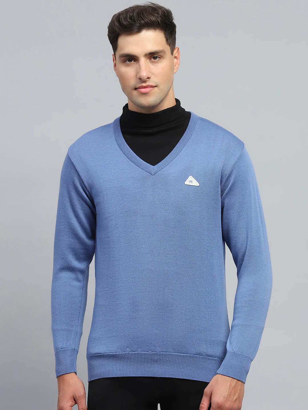 Men Blue Solid V Neck Full Sleeve Pullover - Image 2