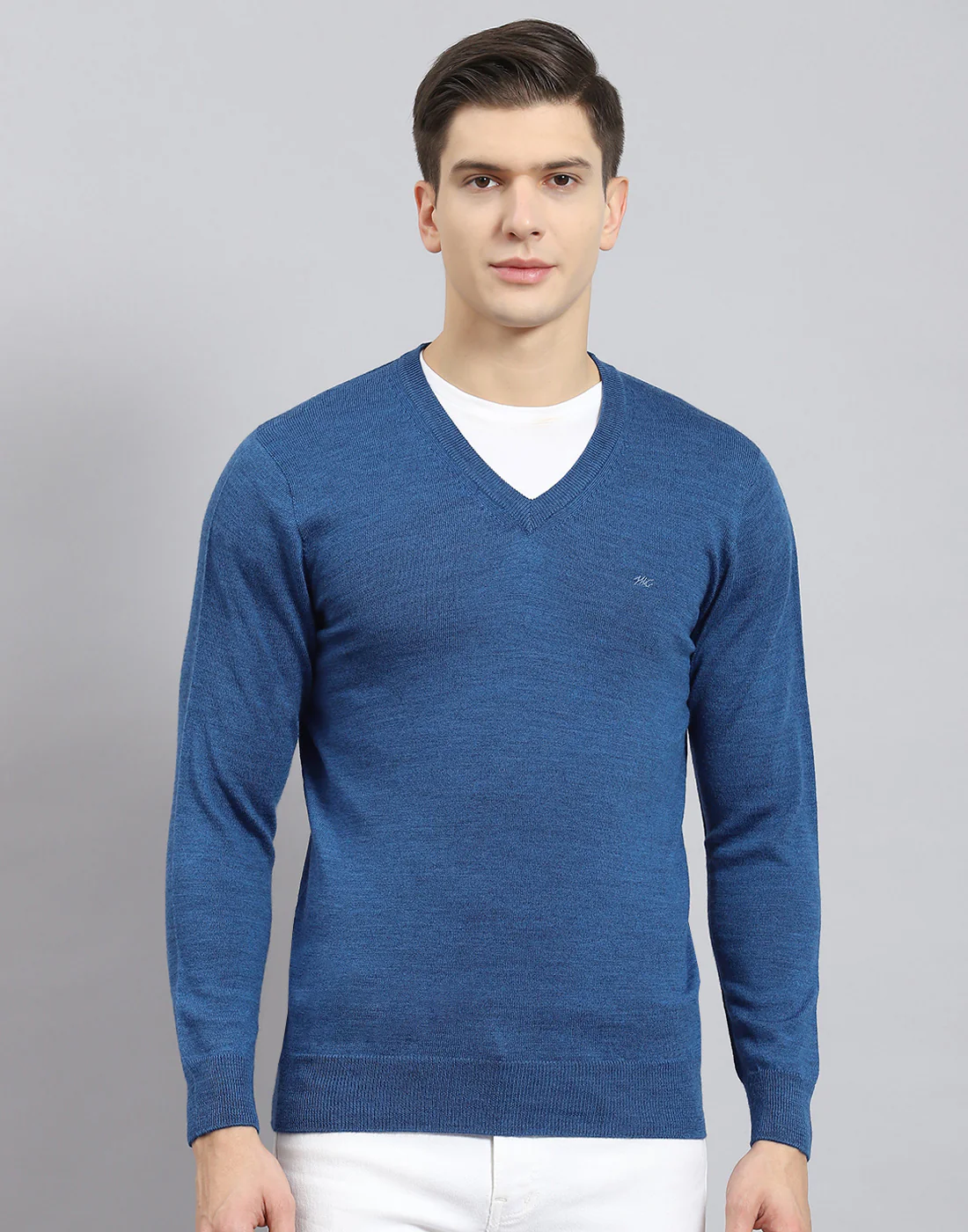Men Blue Solid V Neck Full Sleeve Pullover - Image 3