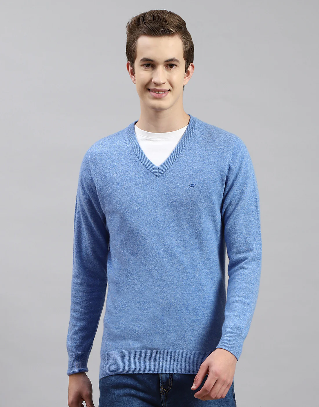 Men Blue Solid V Neck Full Sleeve Pullover - Image 3