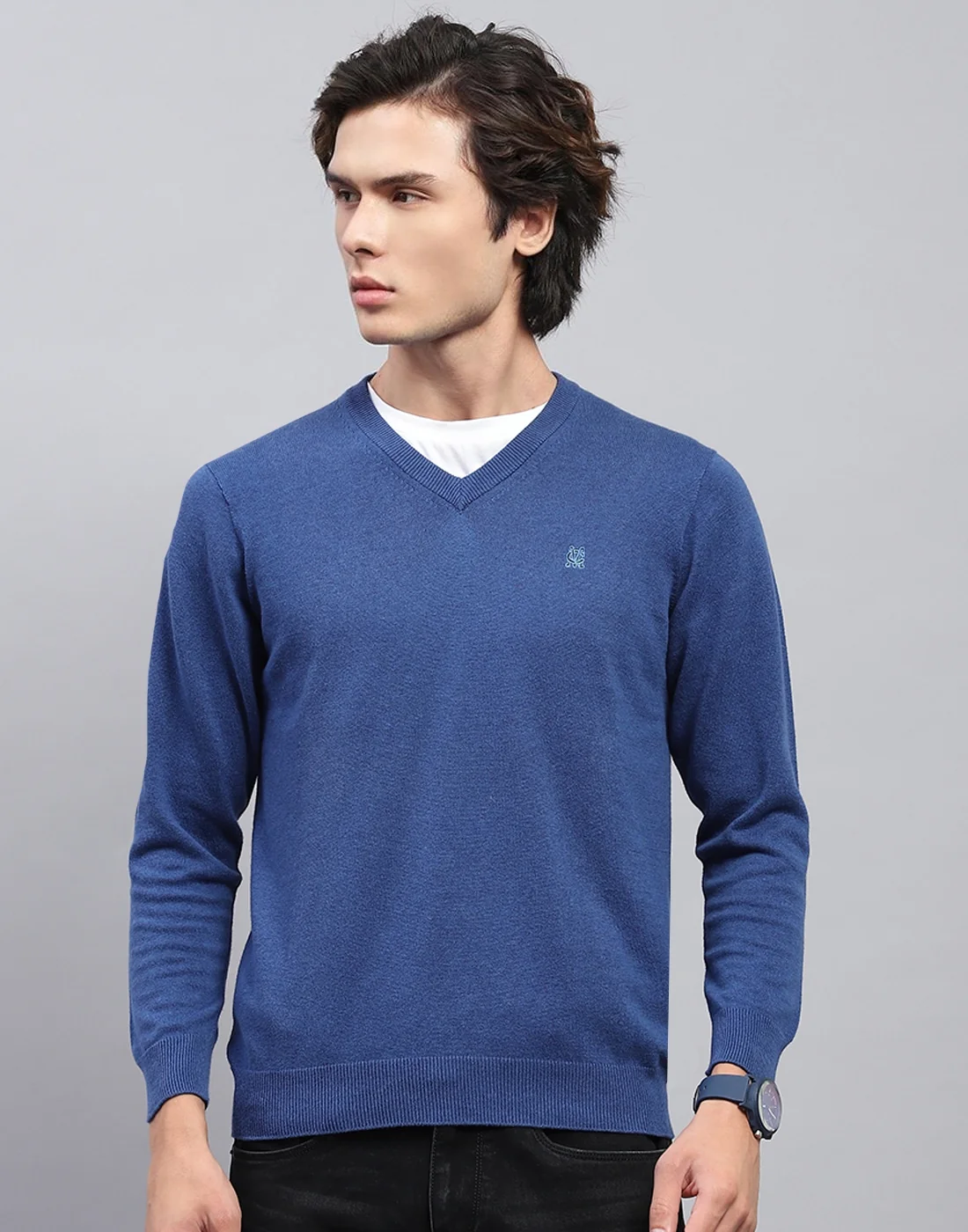 Men Blue Solid V Neck Full Sleeve Pullover - Image 2