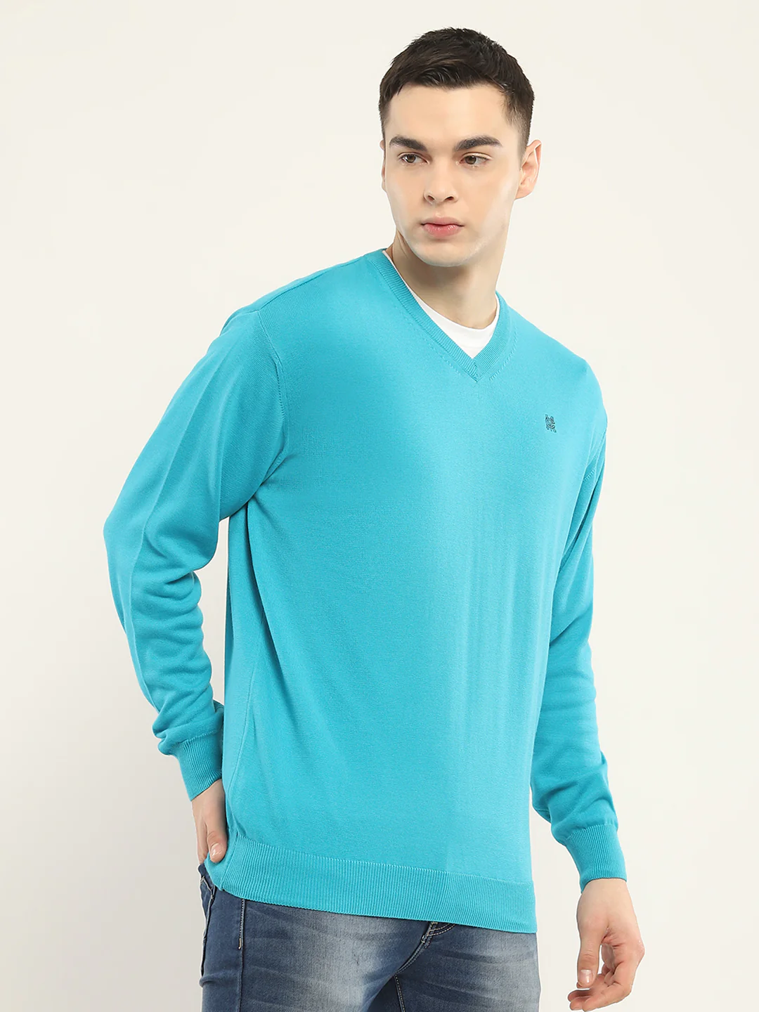 Men Blue Solid V Neck Full Sleeve Pullover - Image 4