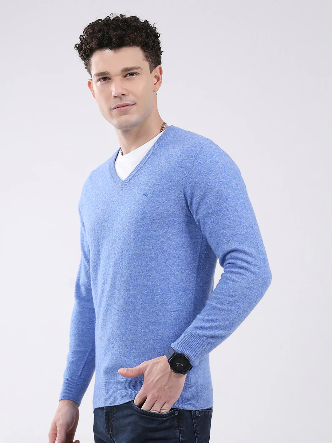 Men Blue Solid V Neck Full Sleeve Pullover - Image 3