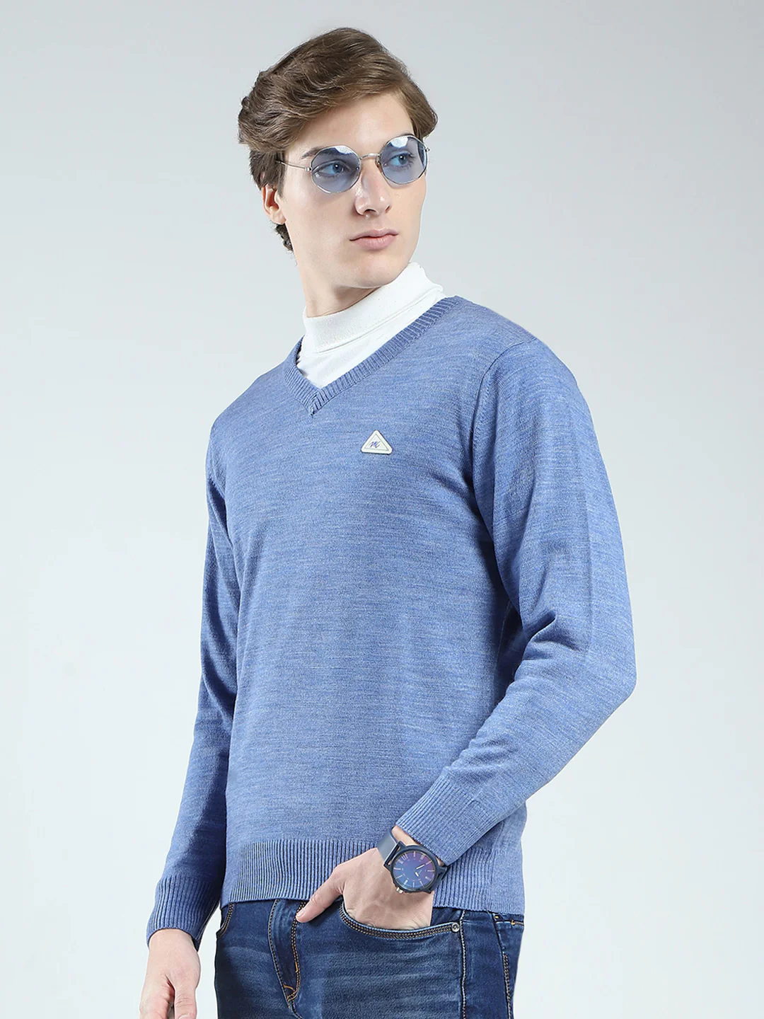 Men Blue Solid V Neck Full Sleeve Pullover - Image 3