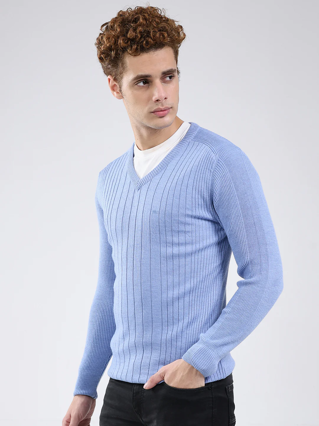 Men Blue Solid V Neck Full Sleeve Pullover - Image 3