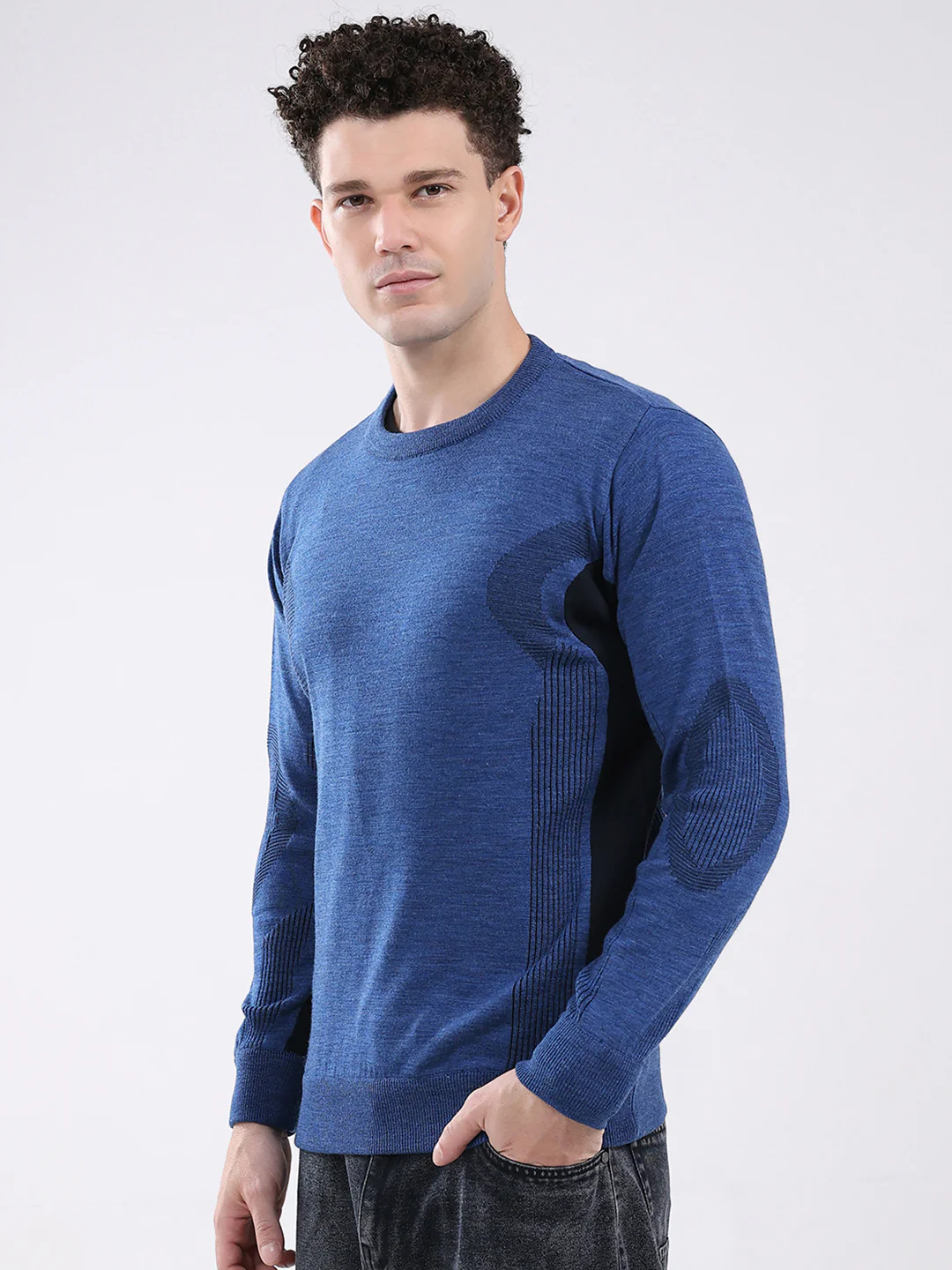 Men Blue Solid Round Neck Full Sleeve Pullover - Image 3