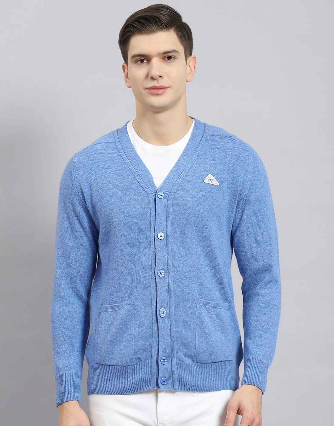 Men Blue Solid V Neck Full Sleeve Sweater - Image 3