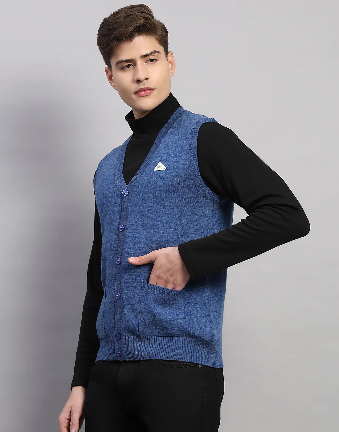 Men Blue Solid V Neck Sleeveless Cardigan - Image 2