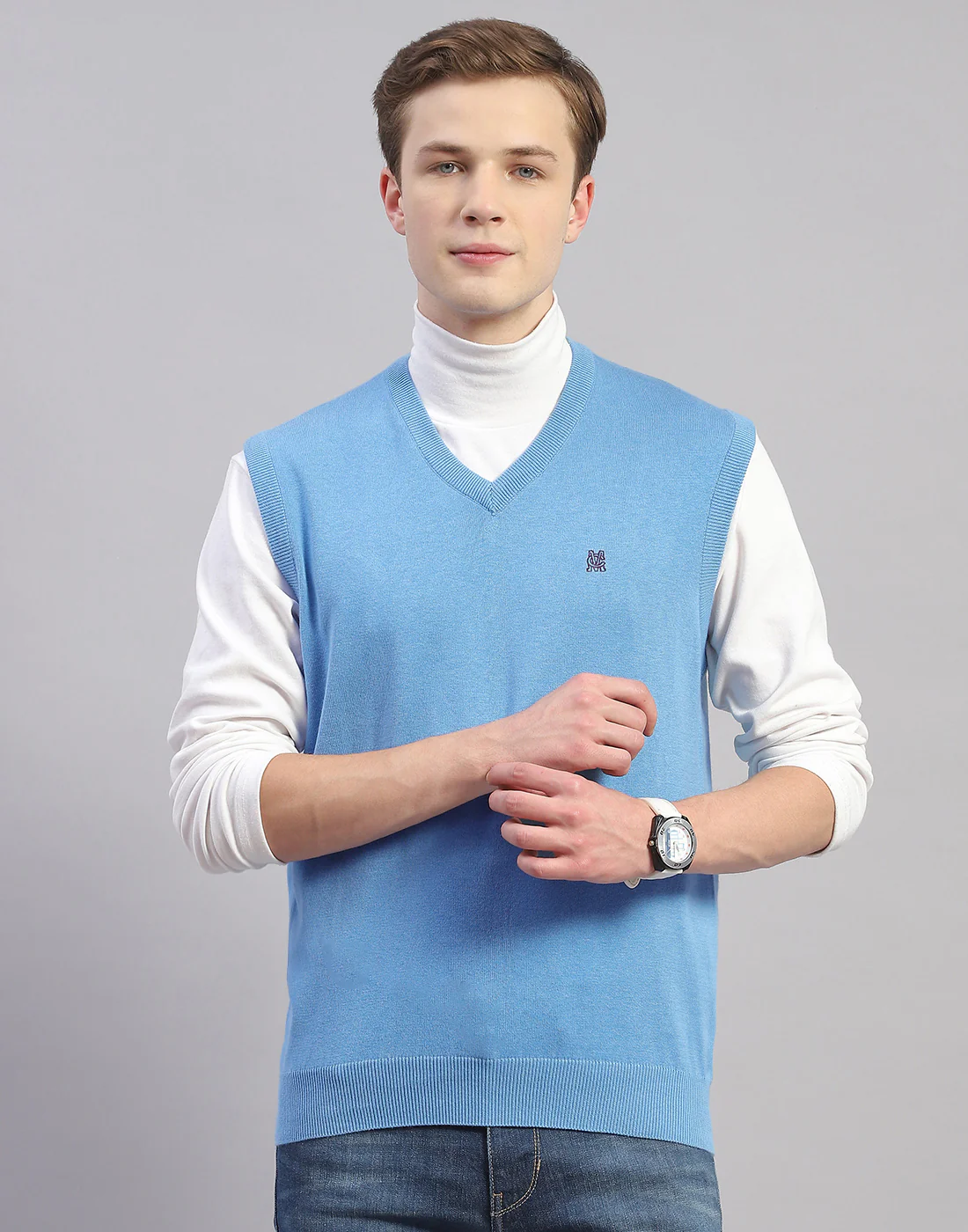 Men Blue Solid V Neck Sleeveless Sweater - Image 2