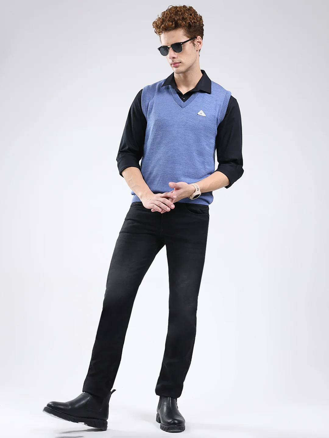 Men Blue Solid V Neck Sleeveless Sweater - Image 2