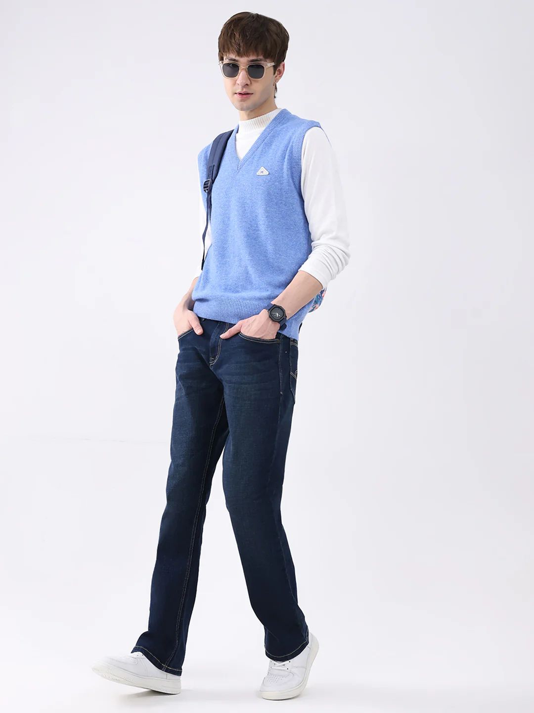Men Blue Solid V Neck Sleeveless Sweater - Image 2