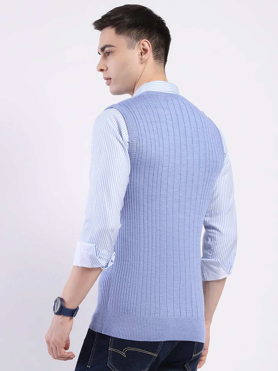Men Blue Solid V Neck Sleeveless Sweater - Image 5
