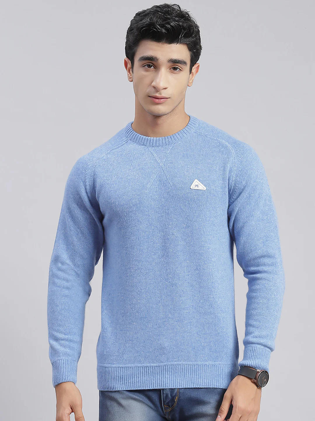 Men Blue Solid Round Neck Sweater - Image 2