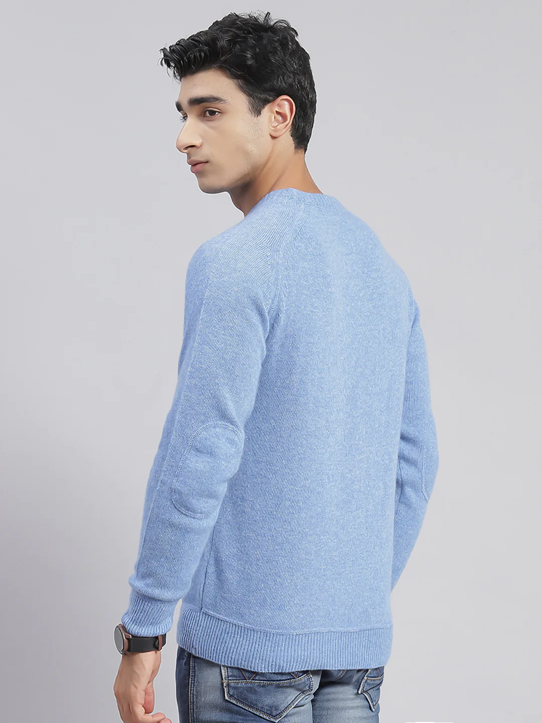 Men Blue Solid Round Neck Sweater - Image 5