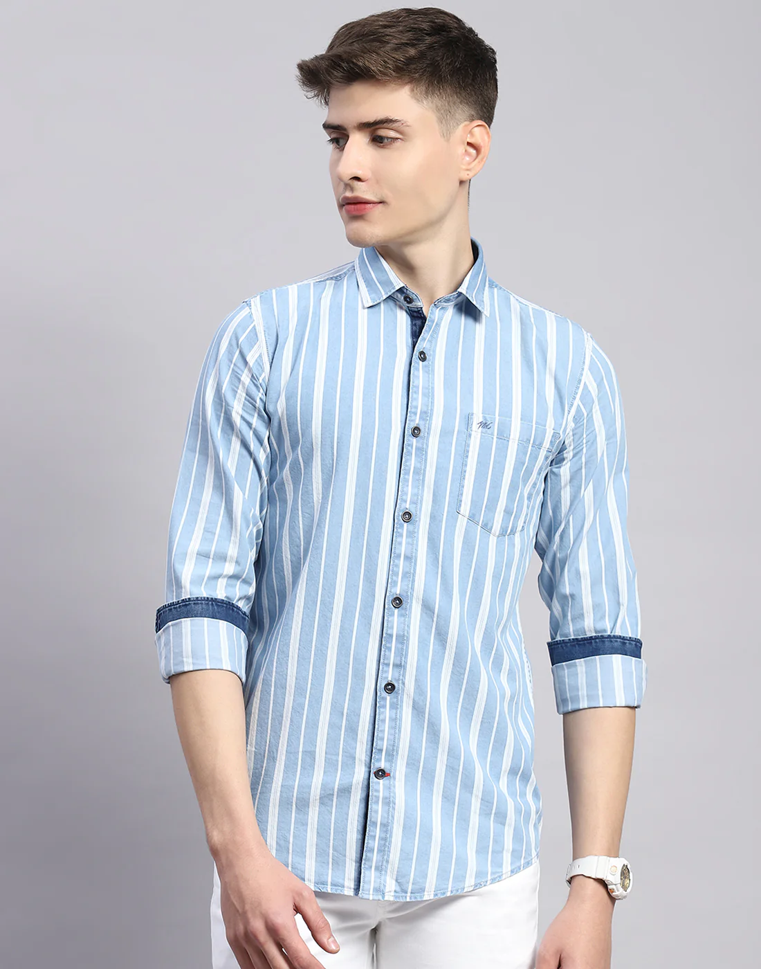 Men Blue Stripe Collar Full Sleeve Shirt - Image 2