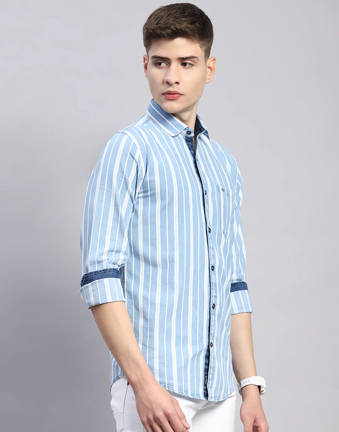 Men Blue Stripe Collar Full Sleeve Shirt - Image 4