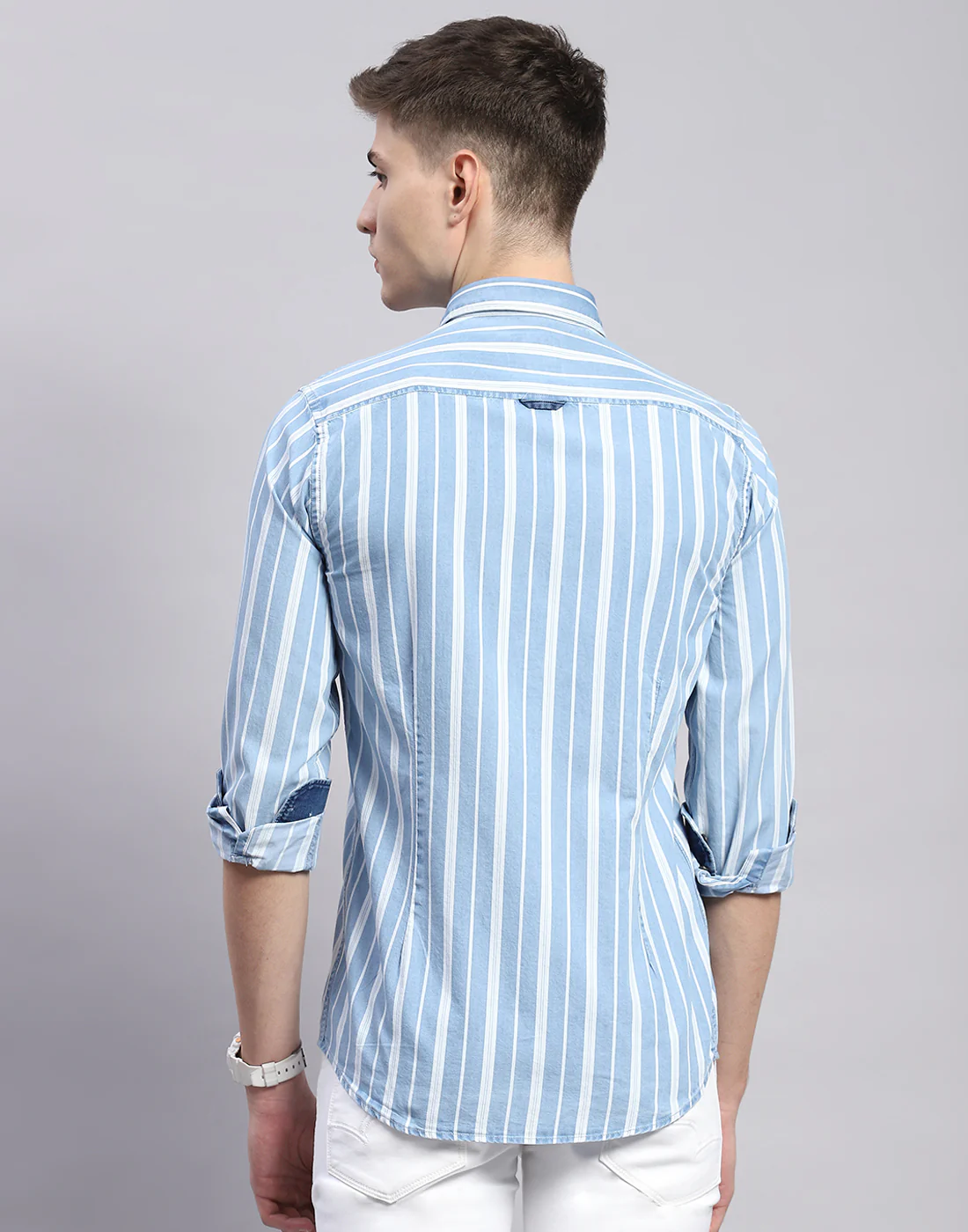 Men Blue Stripe Collar Full Sleeve Shirt - Image 5