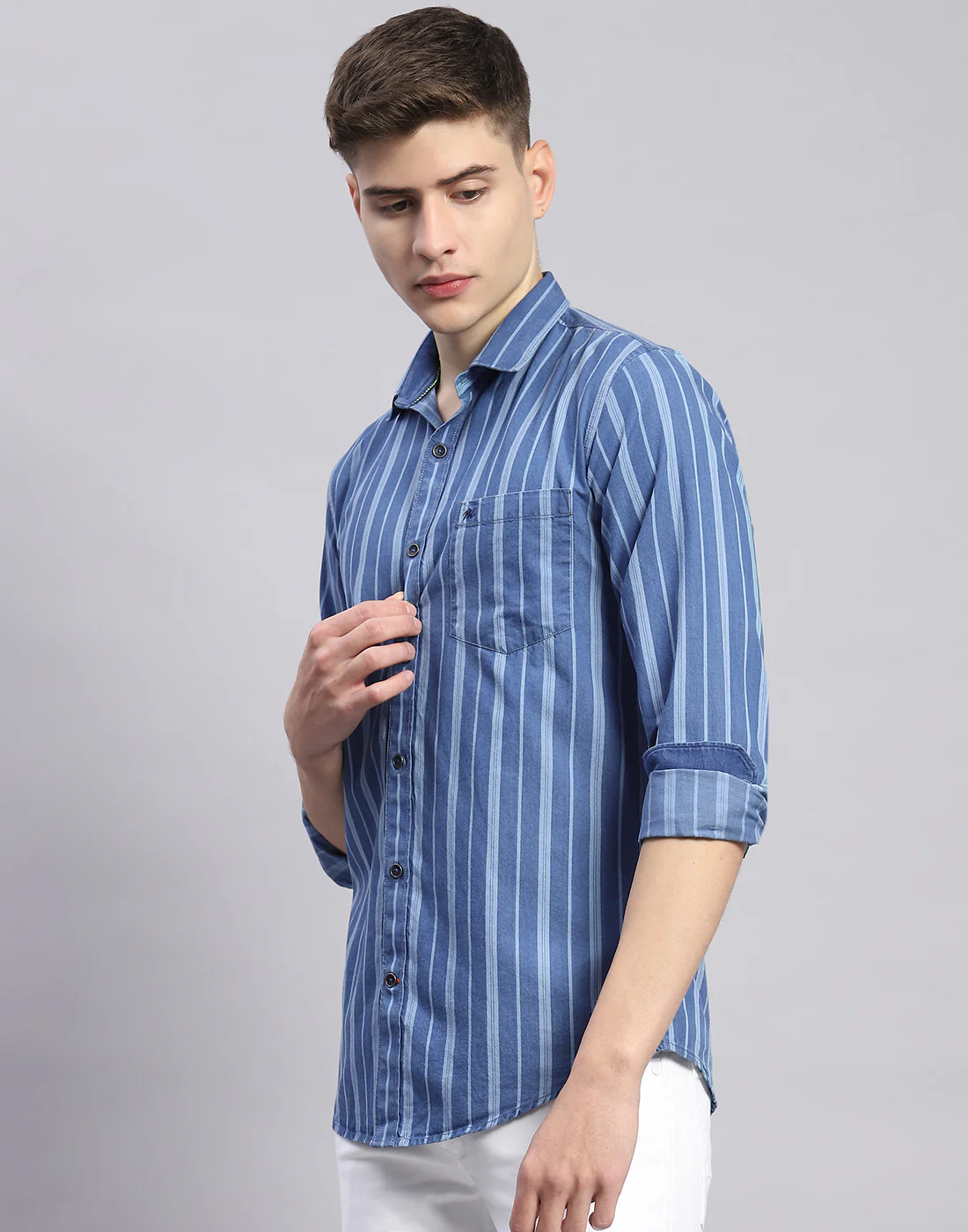 Men Blue Stripe Collar Full Sleeve Shirt - Image 3