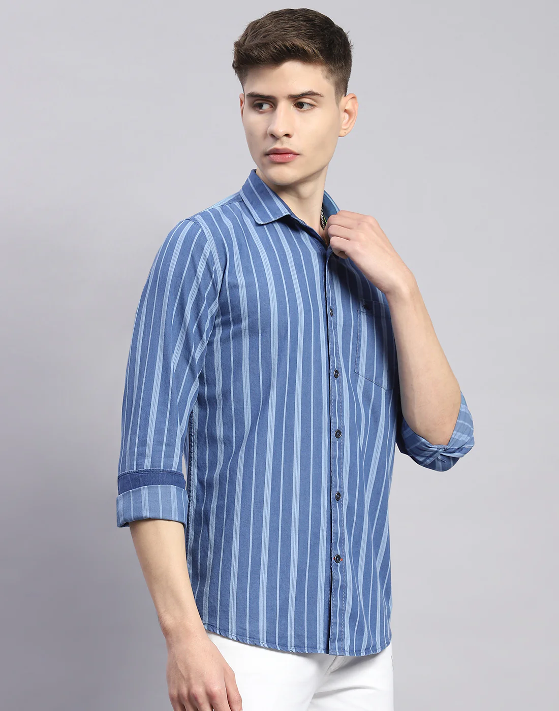 Men Blue Stripe Collar Full Sleeve Shirt - Image 4