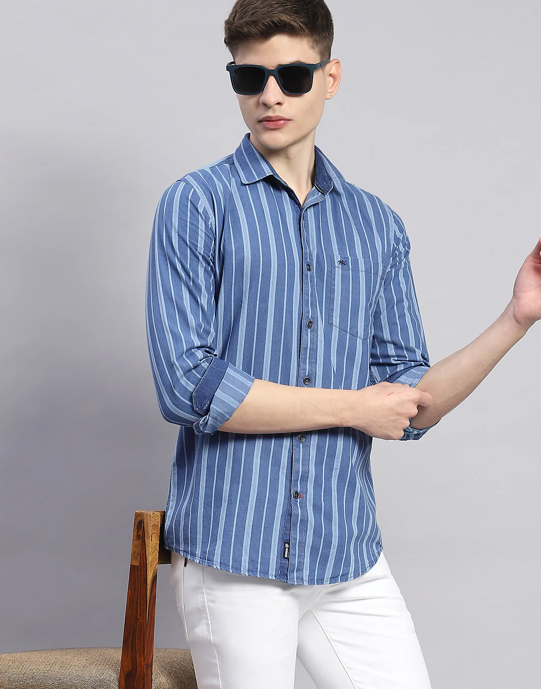 Men Blue Stripe Collar Full Sleeve Shirt - Image 6