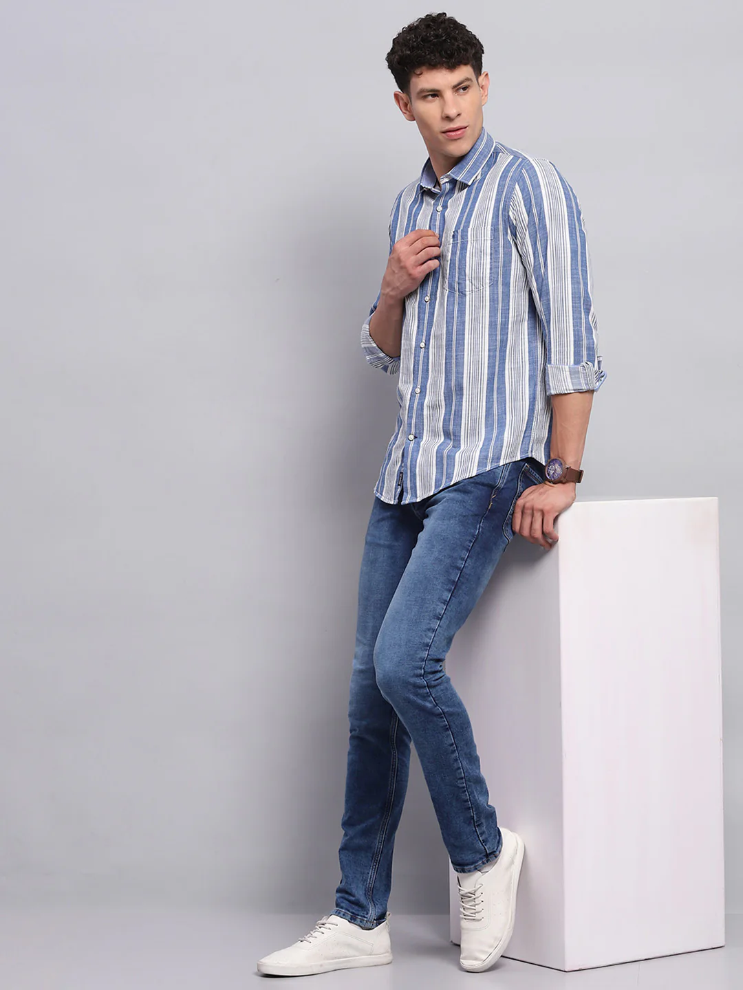 Men Blue Stripe Collar Full Sleeve Shirt - Image 2