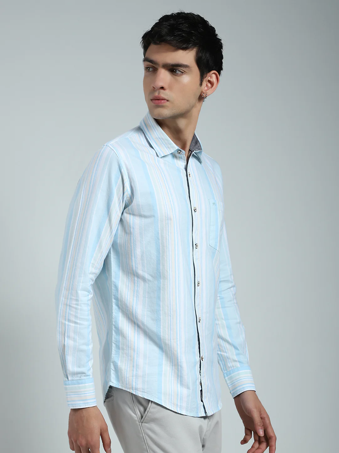 Men Blue Stripe Collar Full Sleeve Shirt - Image 4