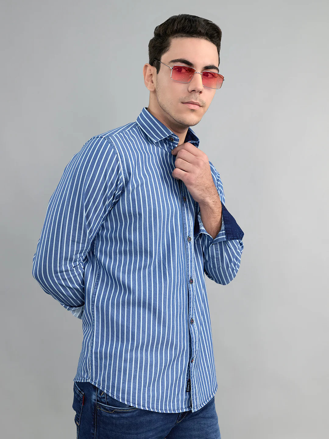 Men Blue Stripe Collar Full Sleeve Shirt - Image 2