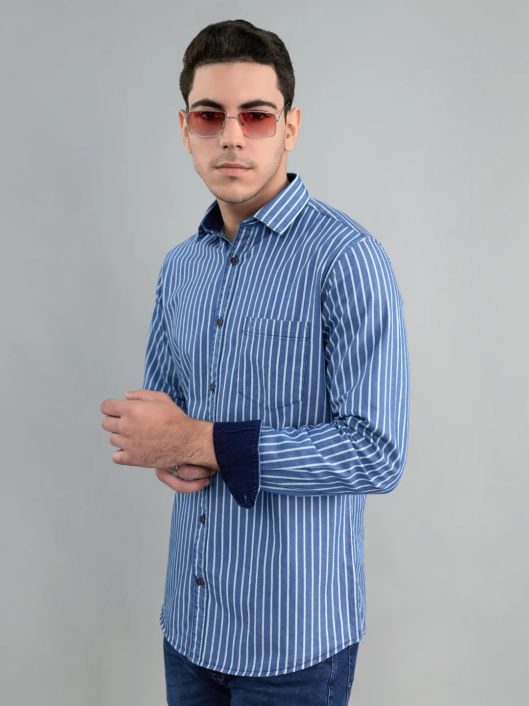 Men Blue Stripe Collar Full Sleeve Shirt - Image 3