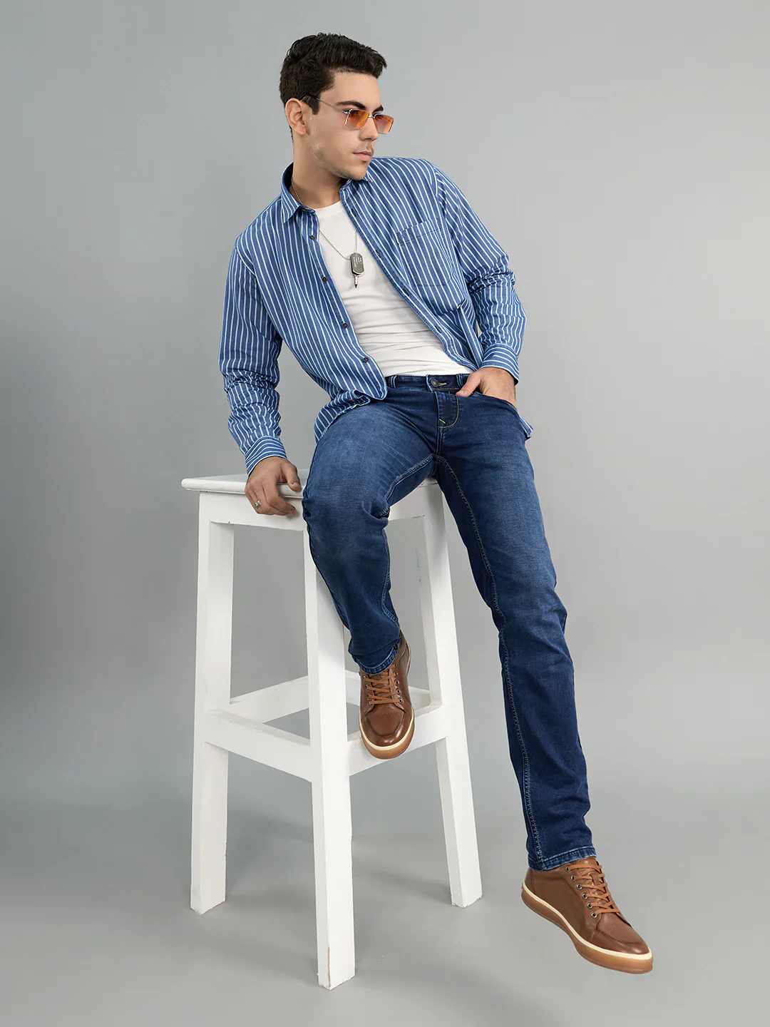 Men Blue Stripe Collar Full Sleeve Shirt - Image 7