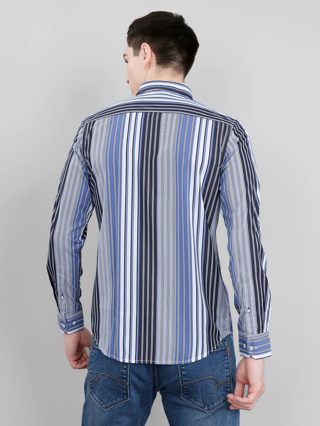 Men Blue Stripe Collar Full Sleeve Shirt - Image 5