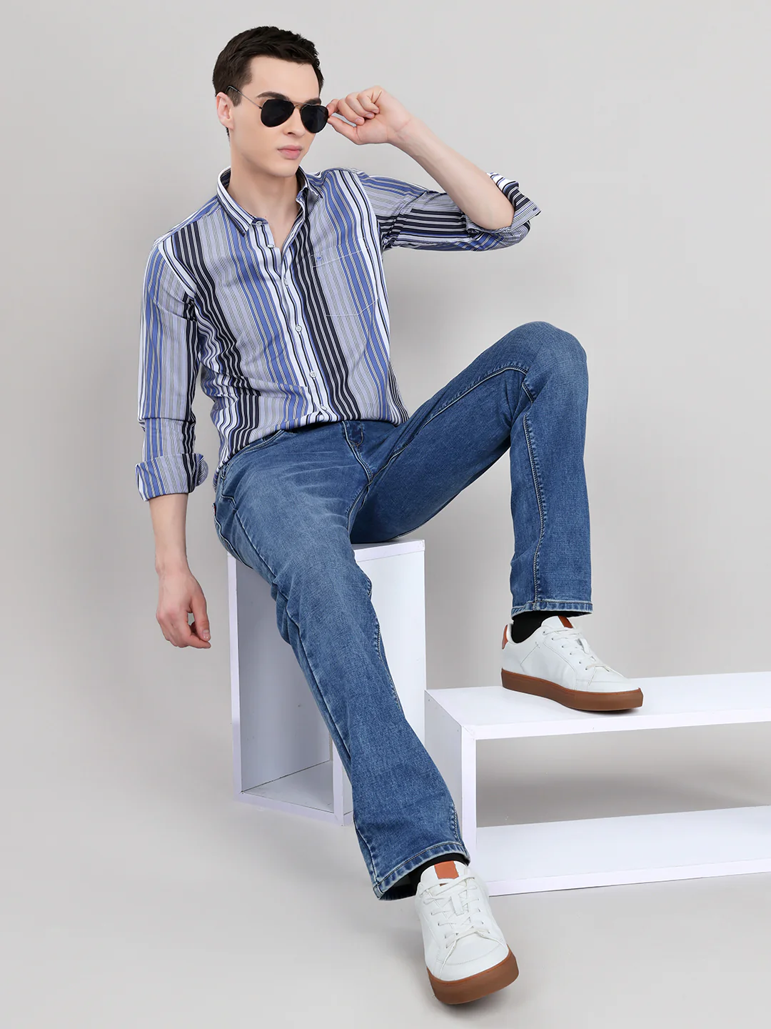 Men Blue Stripe Collar Full Sleeve Shirt - Image 6