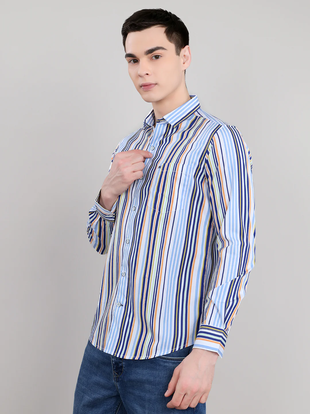 Men Blue Stripe Collar Full Sleeve Shirt - Image 2