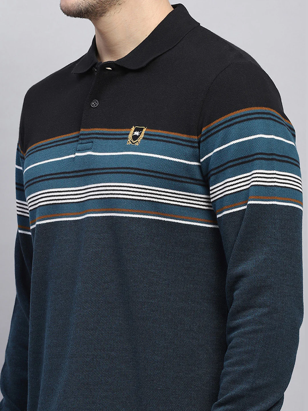 Men Blue Stripe Collar Full Sleeve Winter T-Shirt - Image 6