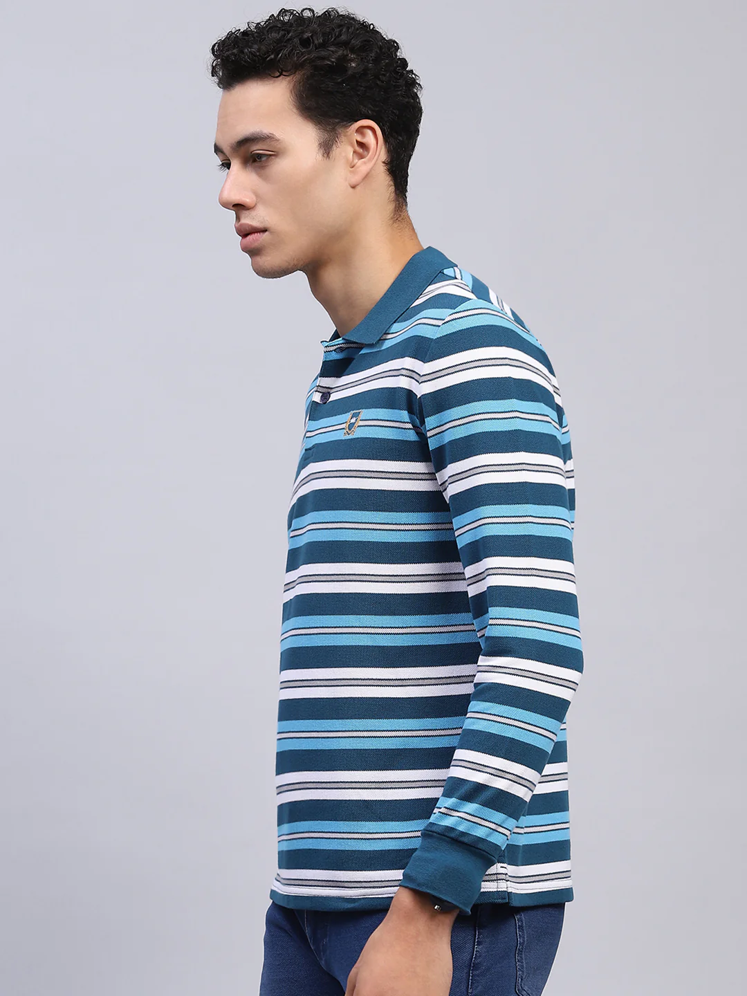 Men Blue Stripe Collar Full Sleeve Winter T-Shirt - Image 3