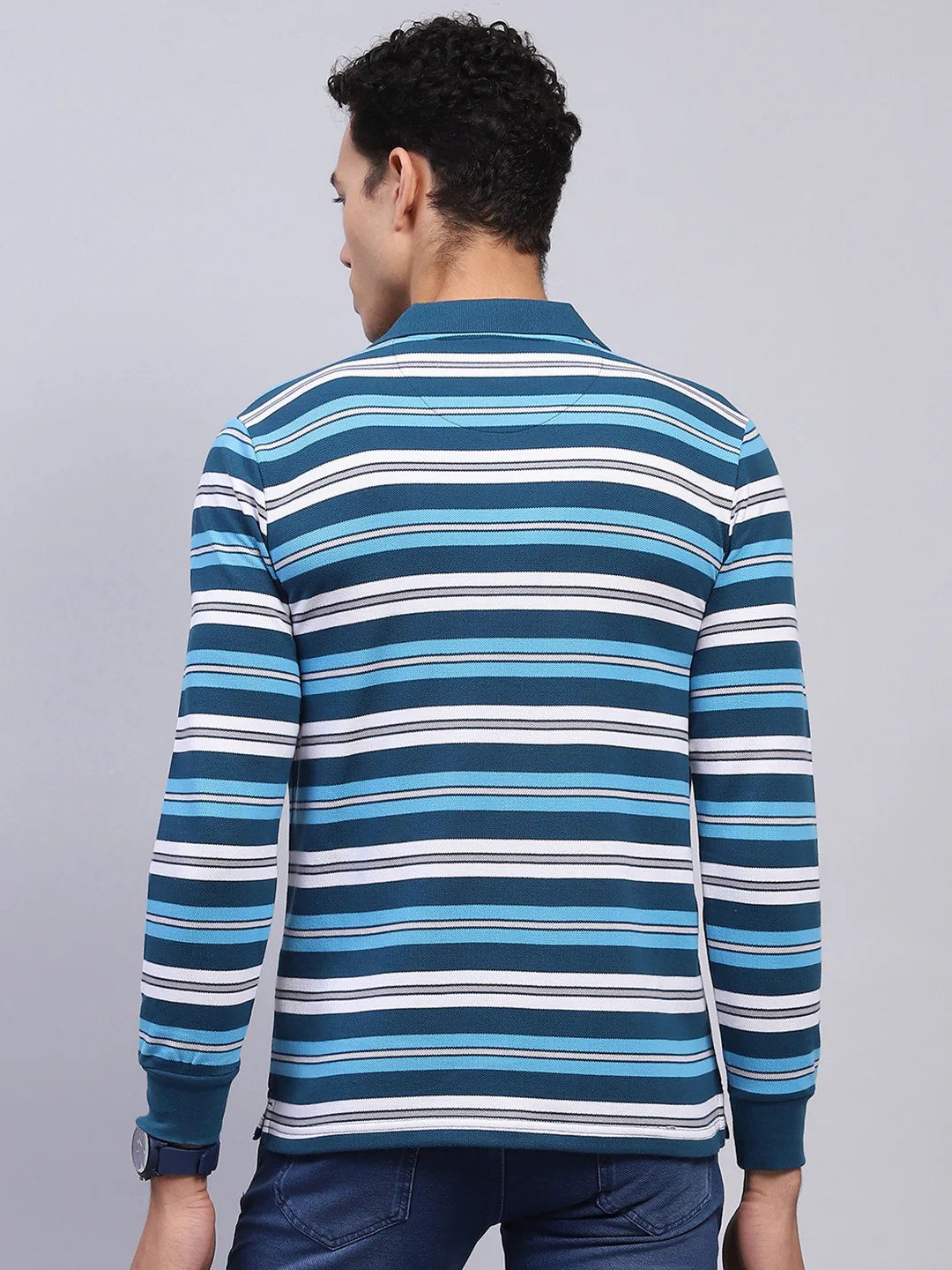 Men Blue Stripe Collar Full Sleeve Winter T-Shirt - Image 5