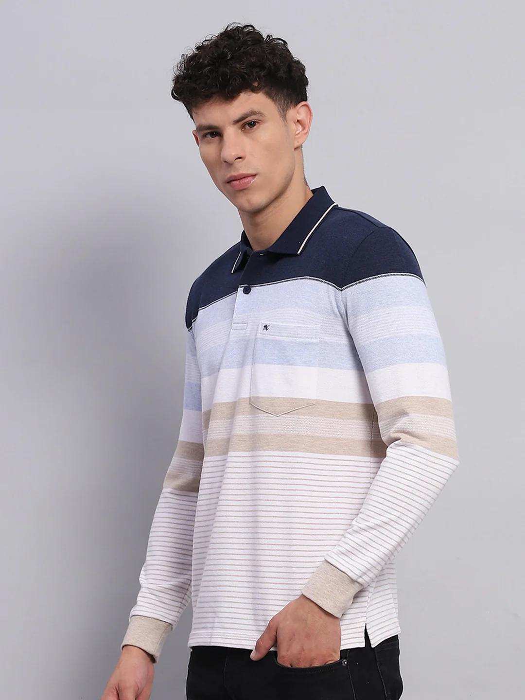 Men Blue Stripe Collar Full Sleeve Winter T-Shirt - Image 3