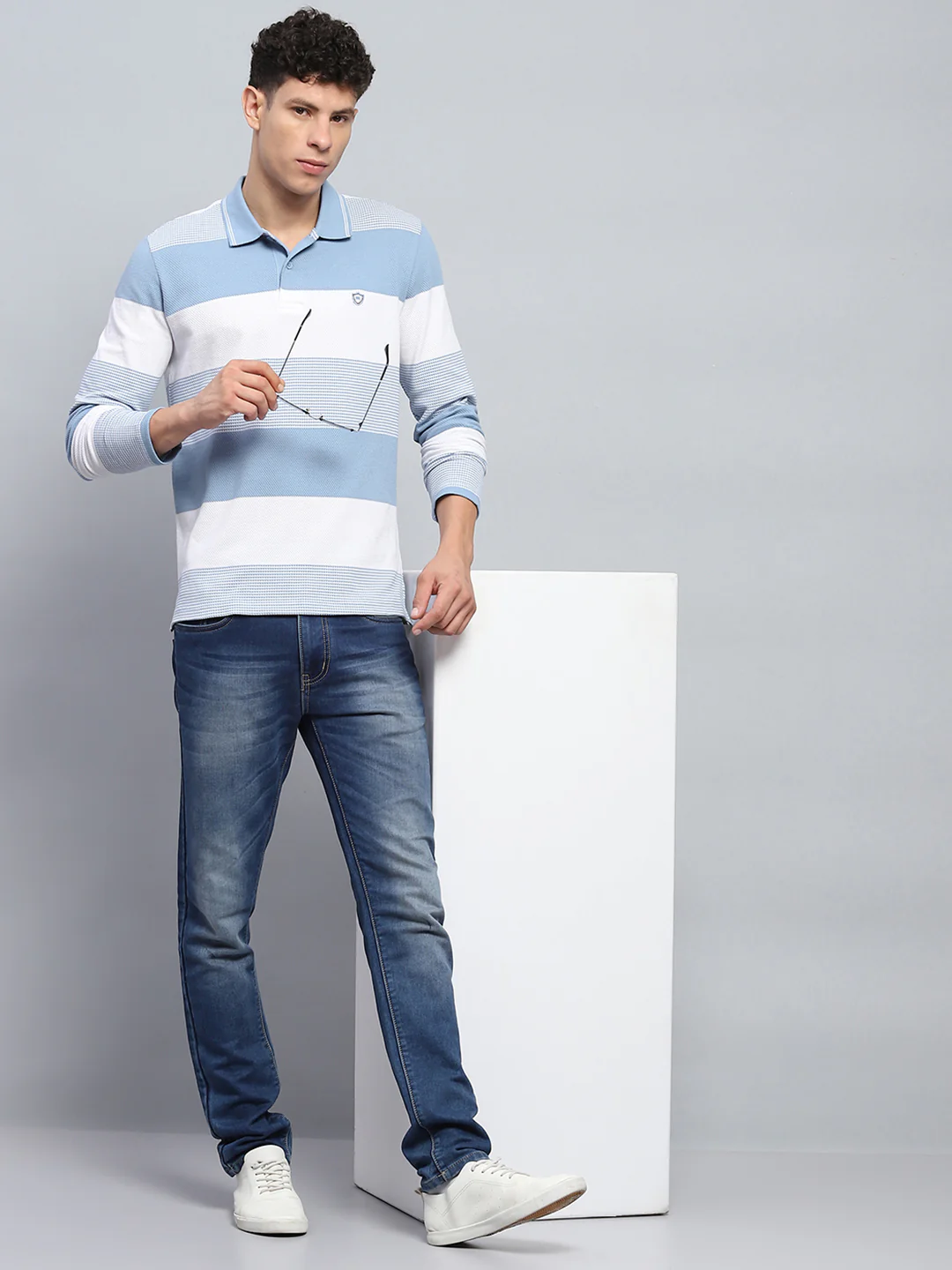 Men Blue Stripe Collar Full Sleeve Winter T-Shirt - Image 2