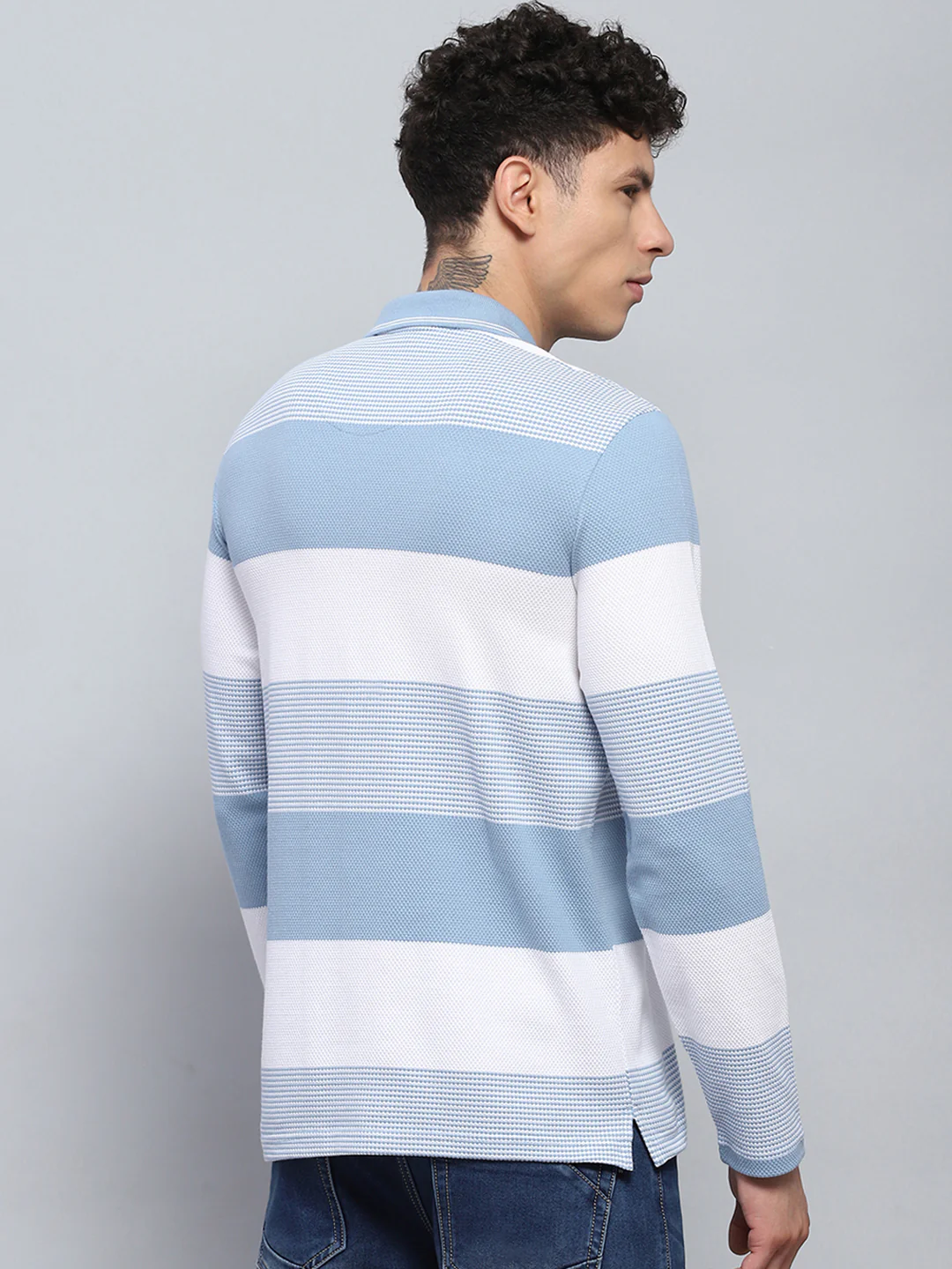 Men Blue Stripe Collar Full Sleeve Winter T-Shirt - Image 5