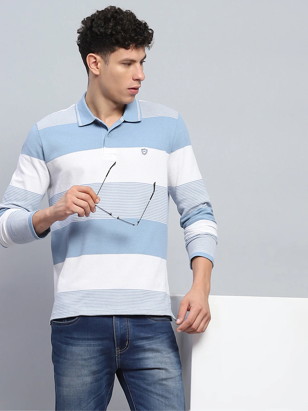 Men Blue Stripe Collar Full Sleeve Winter T-Shirt - Image 6