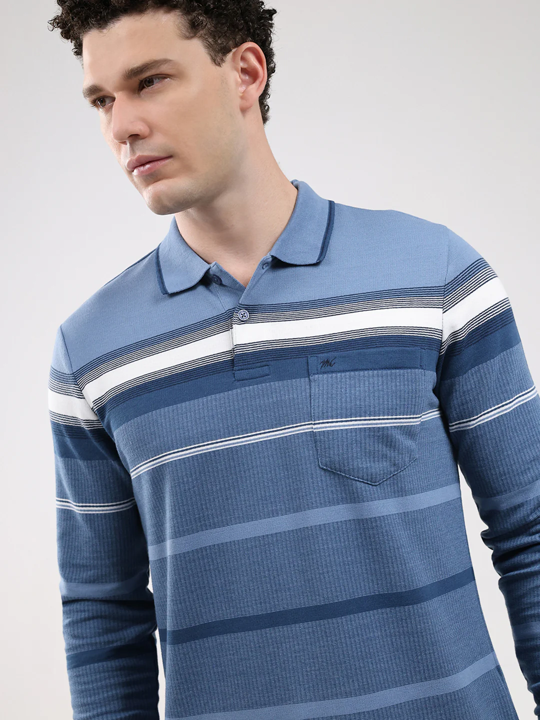 Men Blue Stripe Collar Full Sleeve Winter T-Shirt - Image 7