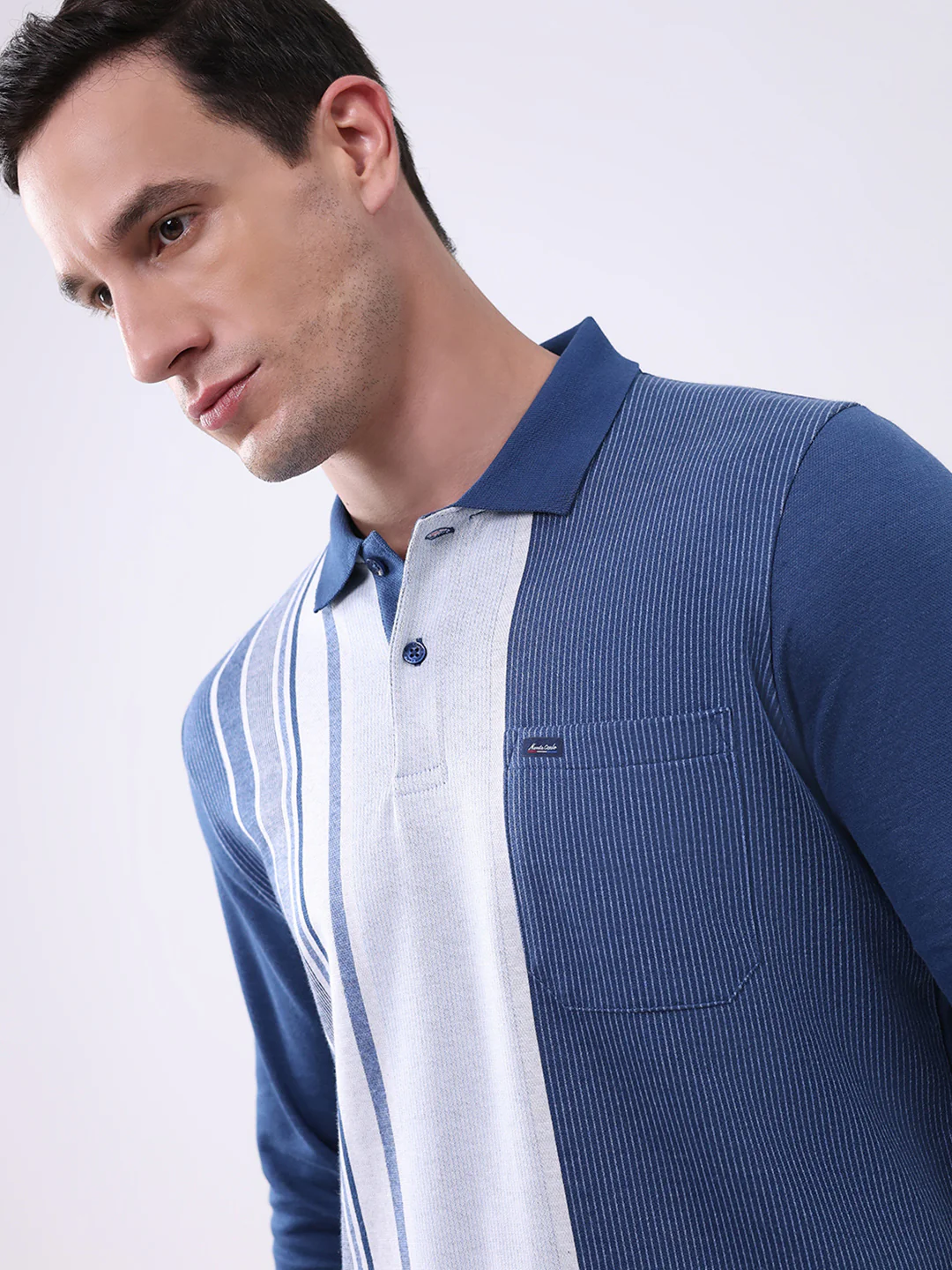 Men Blue Stripe Collar Full Sleeve Winter T-Shirt - Image 6