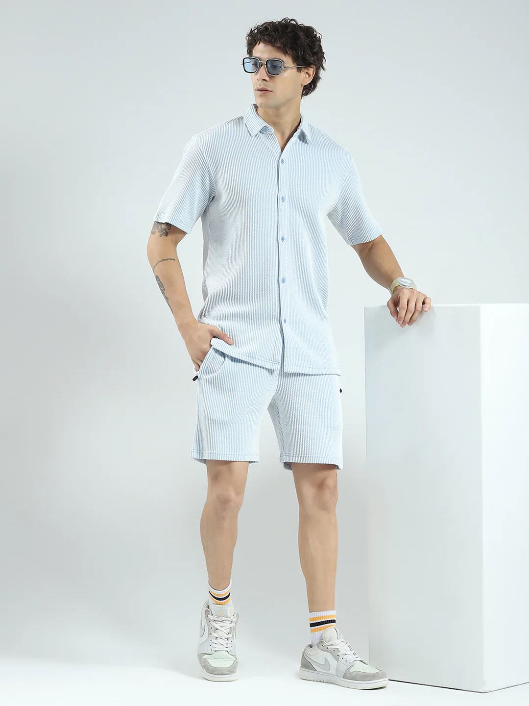Rock.it Men Blue Stripe Collar Half Sleeve Cords Set - Image 2